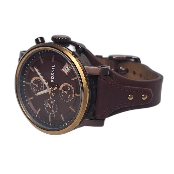 Fossil Burgundy Dial Chronograph Watch with Leather Cuff