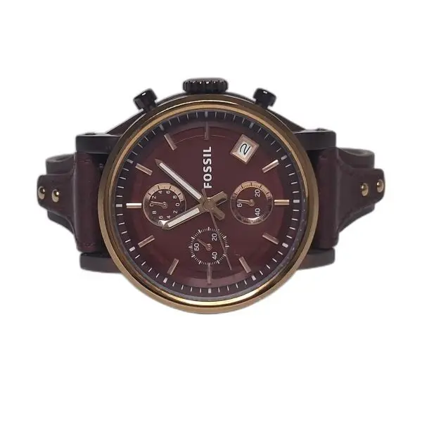 Fossil Burgundy Dial Chronograph Watch with Leather Cuff