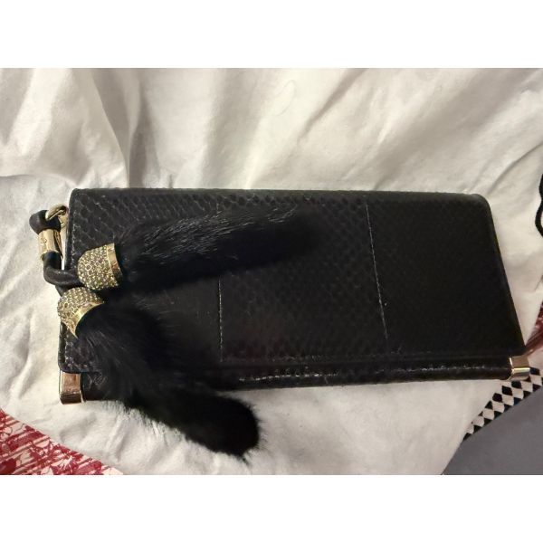 Gucci Black Snakeskin Clutch with Mink & Crystal Tassels