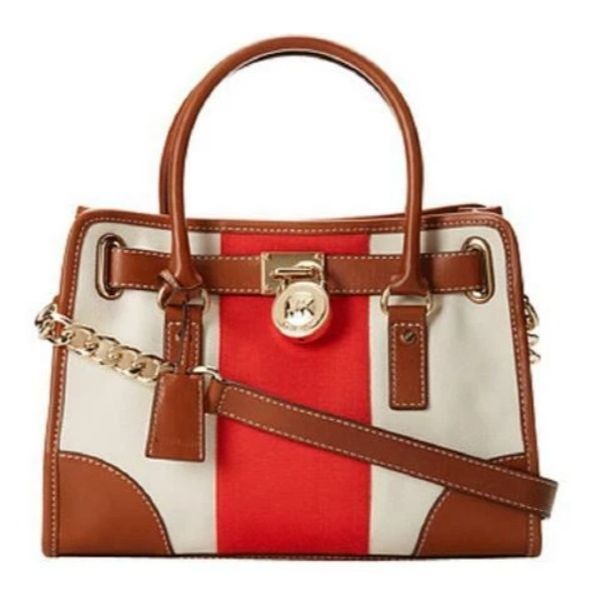 Michael Kors Ecru Red Striped Canvas Hamilton Satchel with Chain Strap