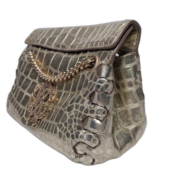Roberto Cavalli Gold Croc-Embossed Flap Bag