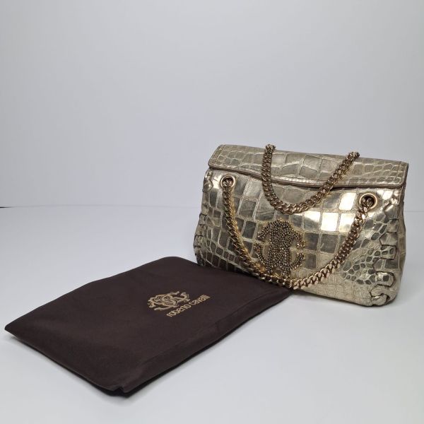 Roberto Cavalli Gold Croc-Embossed Flap Bag