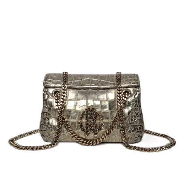 Roberto Cavalli Gold Croc-Embossed Flap Bag