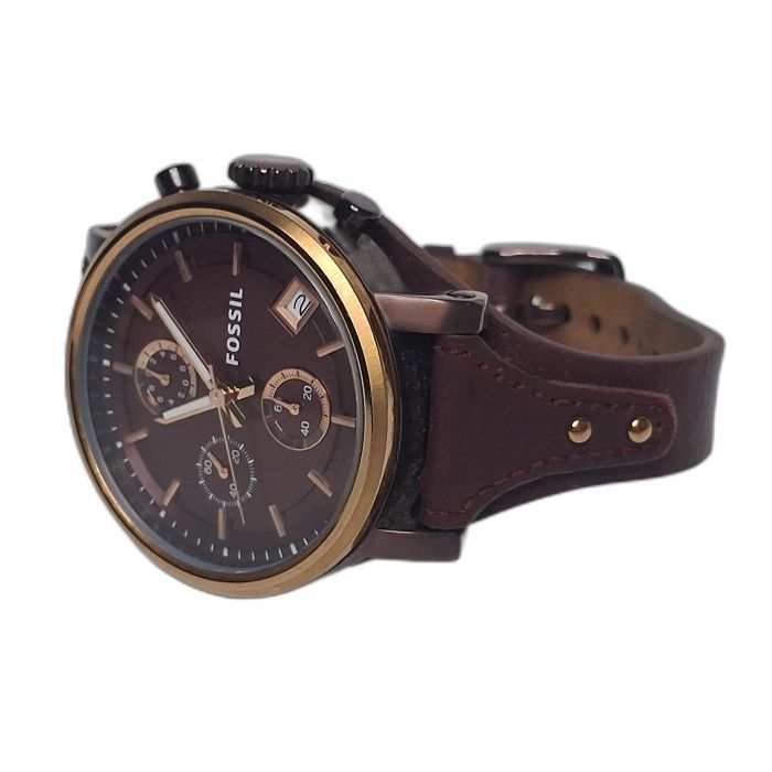 Fossil Burgundy Dial Chronograph Watch with Leather Cuff