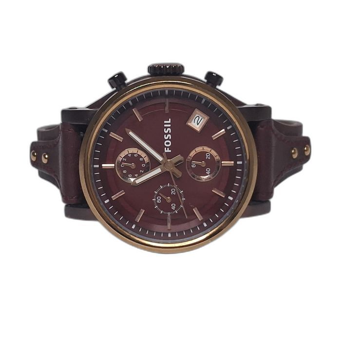 Fossil Burgundy Dial Chronograph Watch with Leather Cuff