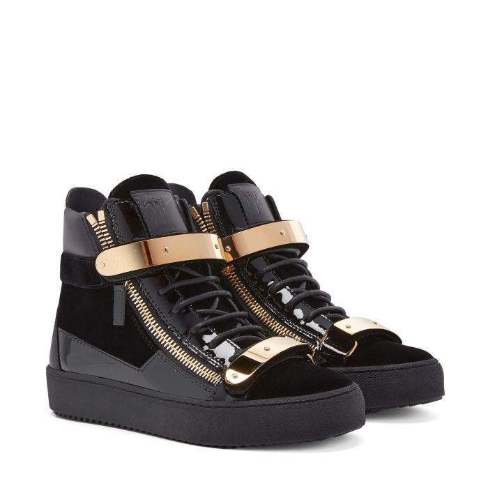 Giuseppe Zanotti Black Leather High Top Sneakers with Gold Straps