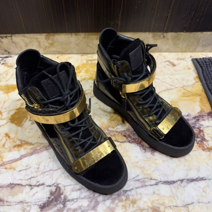 Giuseppe Zanotti Black Leather High Top Sneakers with Gold Straps