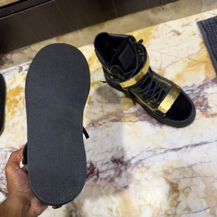 Giuseppe Zanotti Black Leather High Top Sneakers with Gold Straps