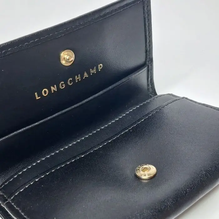 Longchamp Black Leather Compact Flap Wallet