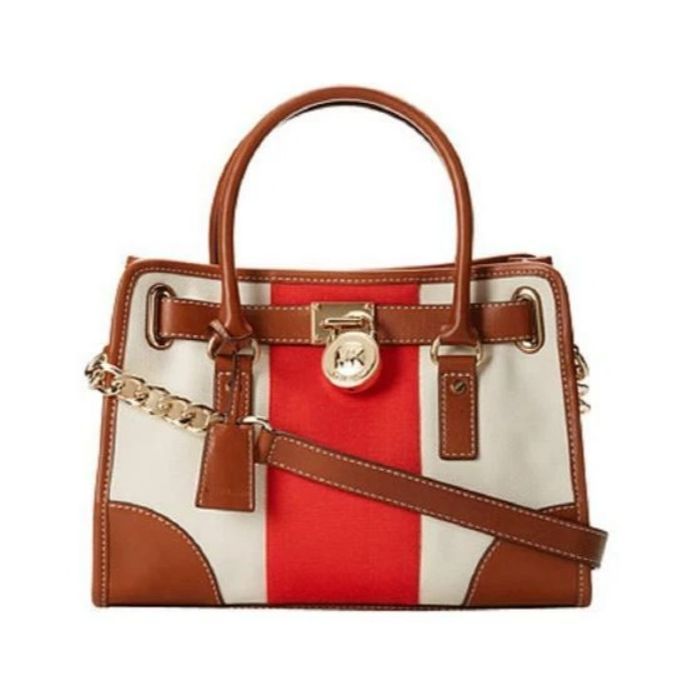 Michael Kors Ecru Red Striped Canvas Hamilton Satchel with Chain Strap