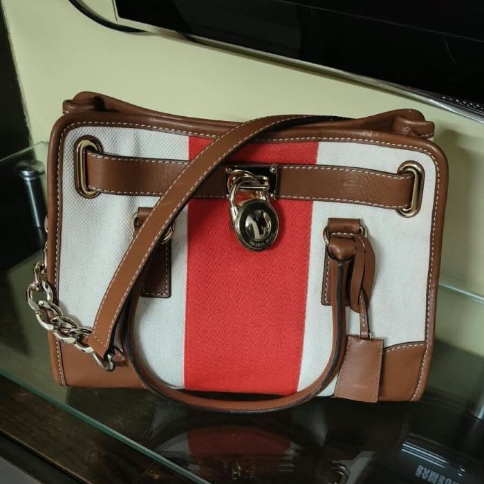 Michael Kors Ecru Red Striped Canvas Hamilton Satchel with Chain Strap
