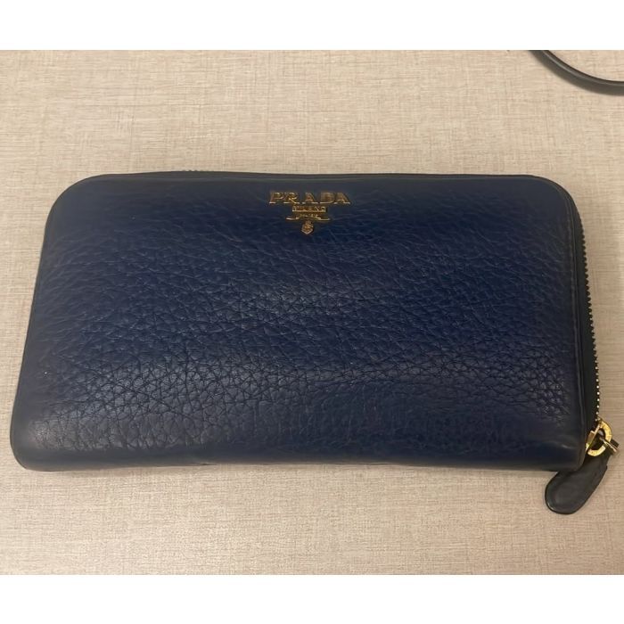 Prada Navy Pebbled Leather Zip Around Wallet