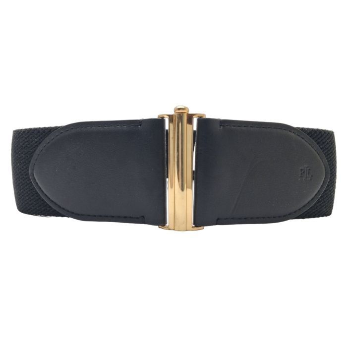 Ralph Lauren Black Stretch Belt with Gold Buckle, RL Logo Leather Tabs