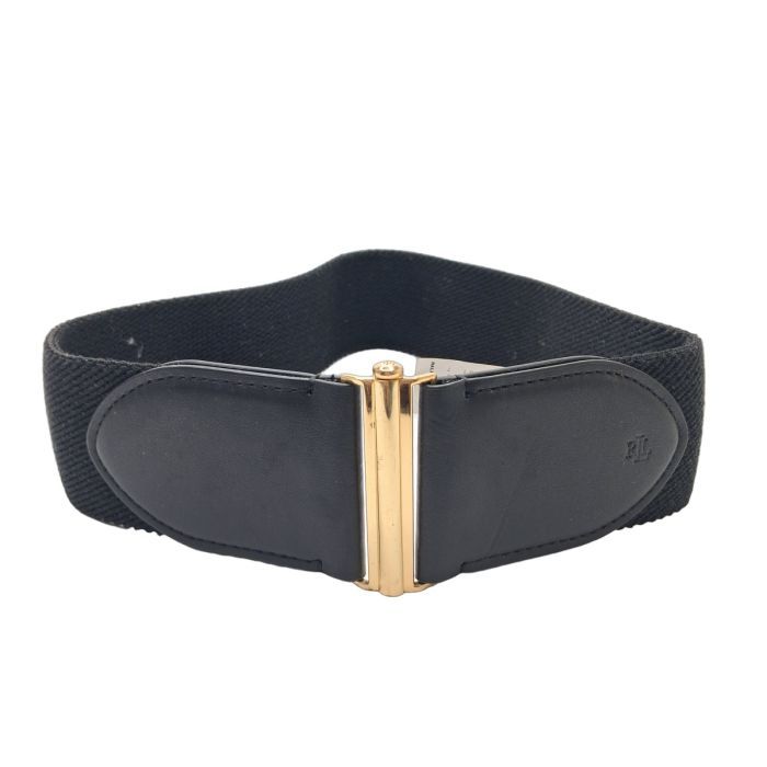 Ralph Lauren Black Stretch Belt with Gold Buckle, RL Logo Leather Tabs