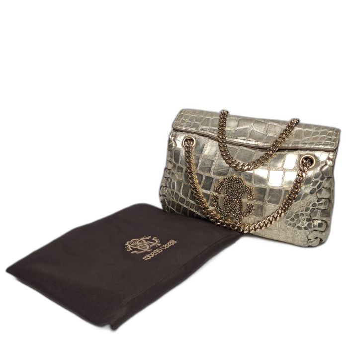 Roberto Cavalli Gold Croc-Embossed Flap Bag