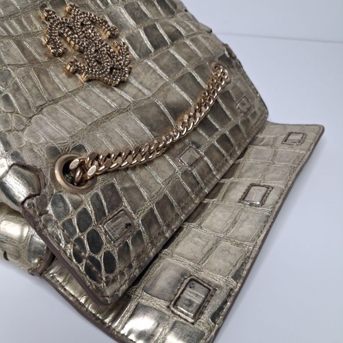 Roberto Cavalli Gold Croc-Embossed Flap Bag