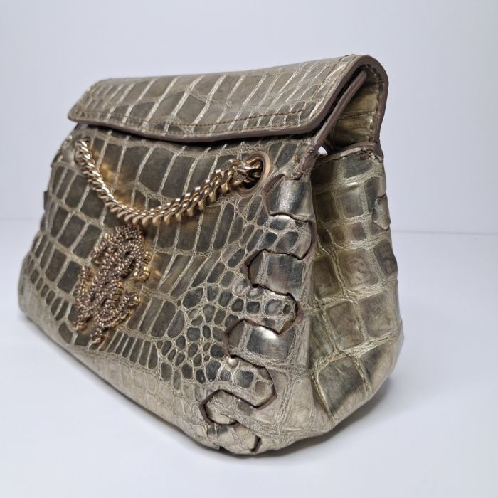 Roberto Cavalli Gold Croc-Embossed Flap Bag