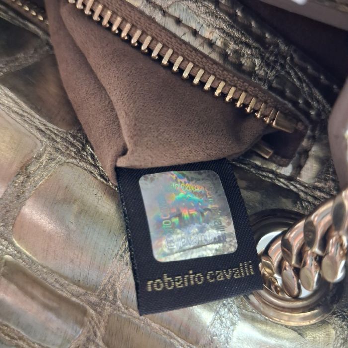Roberto Cavalli Gold Croc-Embossed Flap Bag