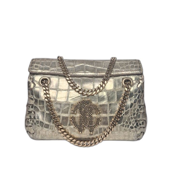 Roberto Cavalli Gold Croc-Embossed Flap Bag