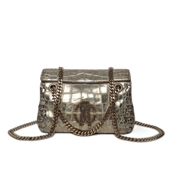 Roberto Cavalli Gold Croc-Embossed Flap Bag