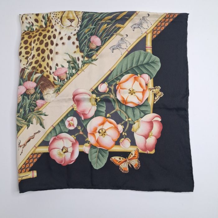 Salvatore Ferragamo Black Silk Floral Print Scarf
