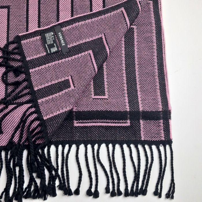 Versace Pink and Black Checked Wool-Blend Fringed Scarf