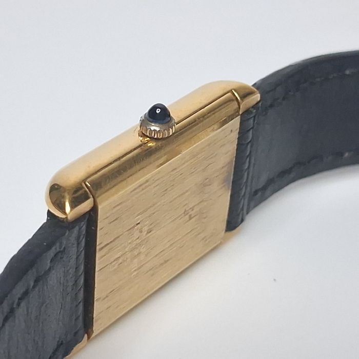 Vintage Must de Cartier Tank Gold-Electroplated Watch, Black Lizard Strap