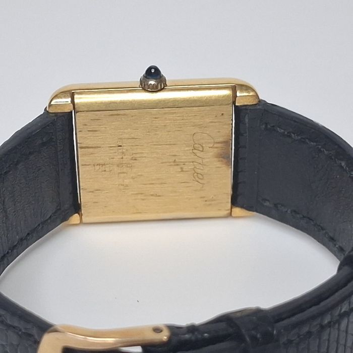 Vintage Must de Cartier Tank Gold-Electroplated Watch, Black Lizard Strap