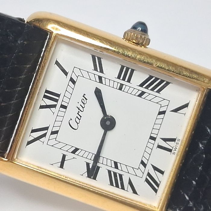 Vintage Must de Cartier Tank Gold-Electroplated Watch, Black Lizard Strap