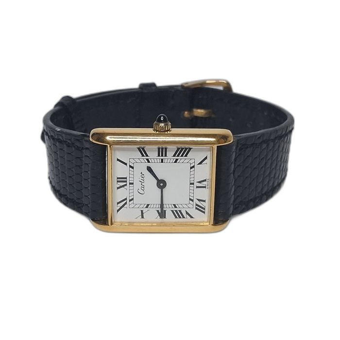 Vintage Must de Cartier Tank Gold-Electroplated Watch, Black Lizard Strap