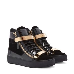 Giuseppe Zanotti Black Leather High Top Sneakers with Gold Straps