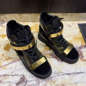Giuseppe Zanotti Black Leather High Top Sneakers with Gold Straps
