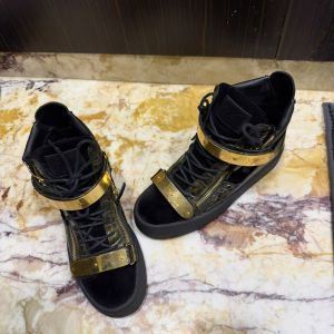 Giuseppe Zanotti Black Leather High Top Sneakers with Gold Straps
