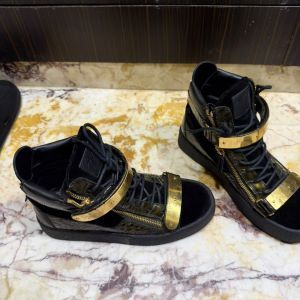 Giuseppe Zanotti Black Leather High Top Sneakers with Gold Straps