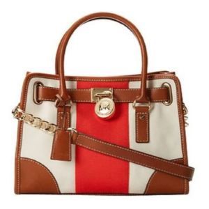 Michael Kors Ecru Red Striped Canvas Hamilton Satchel with Chain Strap