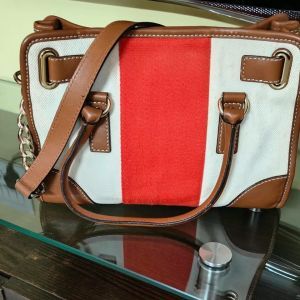 Michael Kors Ecru Red Striped Canvas Hamilton Satchel with Chain Strap
