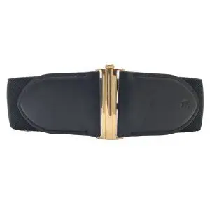 Ralph Lauren Black Stretch Belt with Gold Buckle, RL Logo Leather Tabs