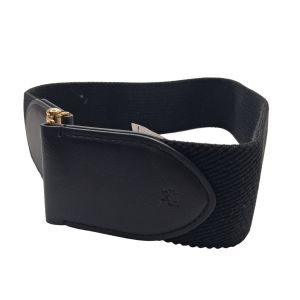 Ralph Lauren Black Stretch Belt with Gold Buckle, RL Logo Leather Tabs