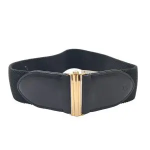 Ralph Lauren Black Stretch Belt with Gold Buckle, RL Logo Leather Tabs