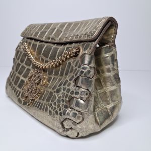 Roberto Cavalli Gold Croc-Embossed Flap Bag
