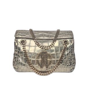 Roberto Cavalli Gold Croc-Embossed Flap Bag