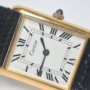 Vintage Must de Cartier Tank Gold-Electroplated Watch, Black Lizard Strap