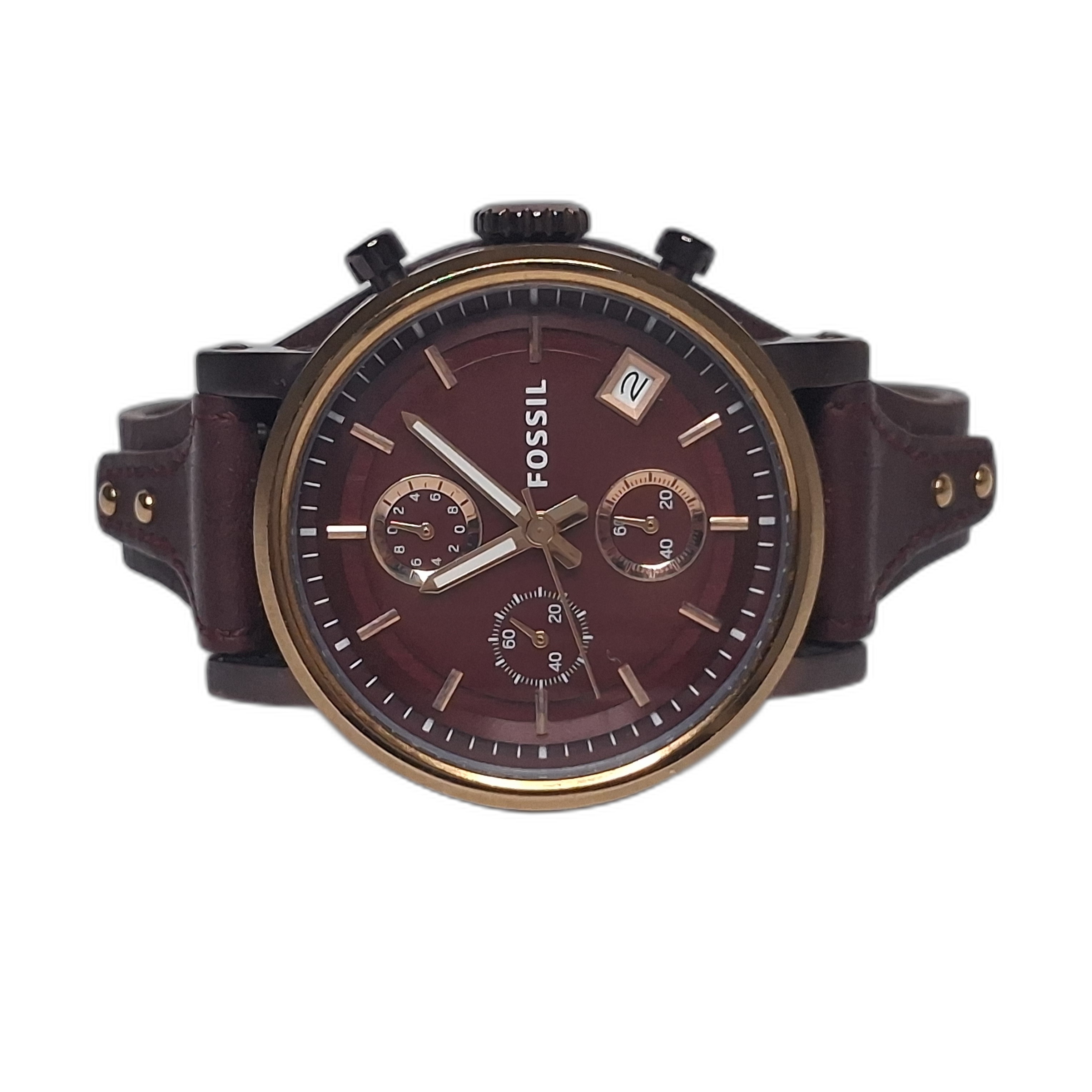 Fossil Burgundy Dial Chronograph Watch with Leather Cuff