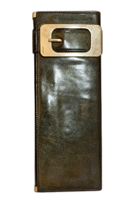 Gucci Black Glitter Patent Leather Buckle Clutch