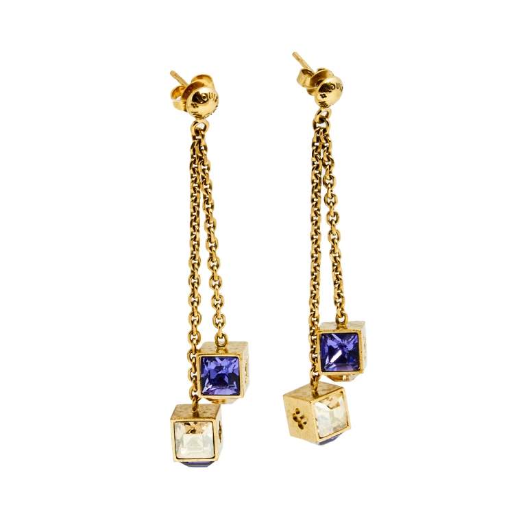 Louis Vuitton Crystal 'LV' Gamble Drop Earrings - Flip