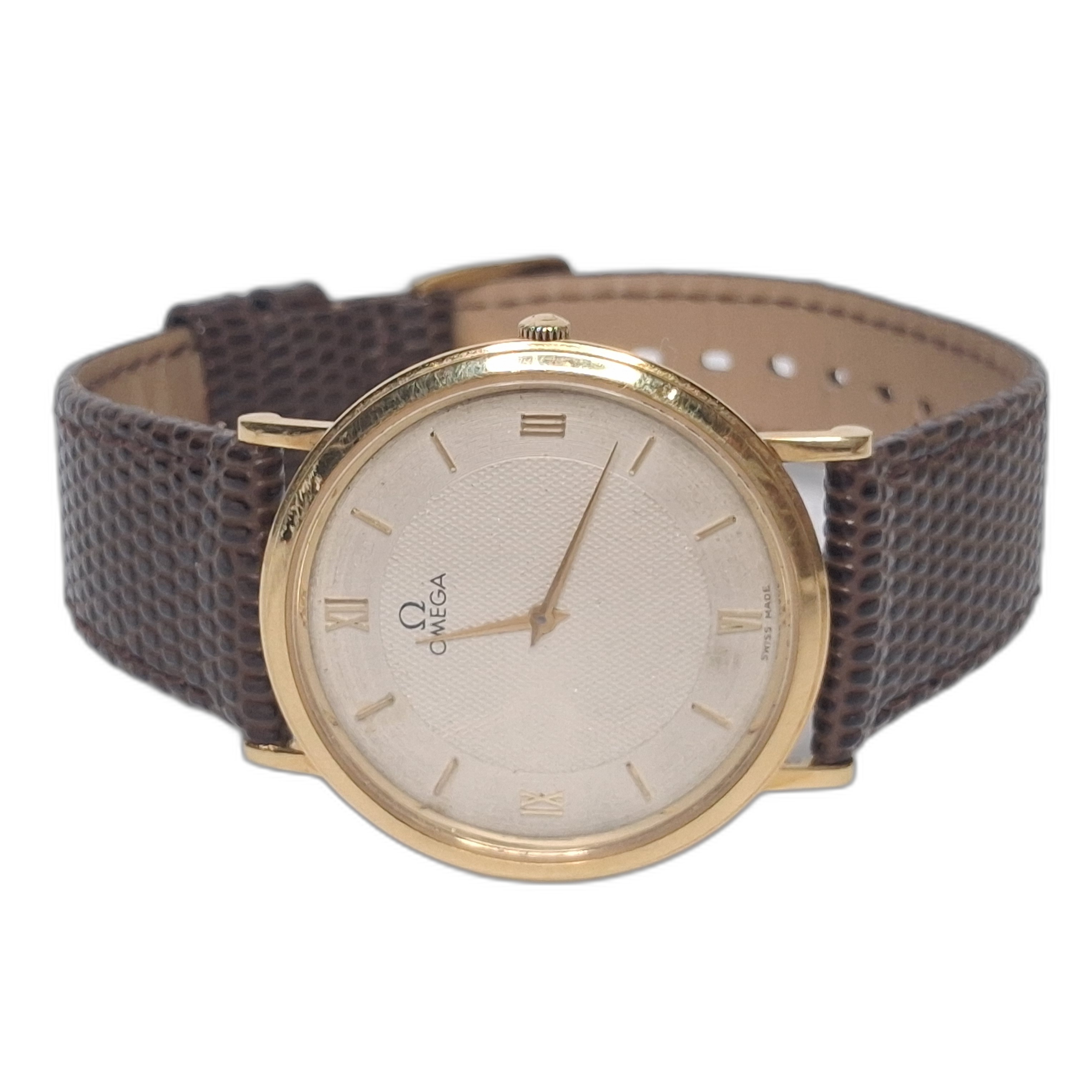 Omega 18K Solid Gold Dress Watch with Brown Lizard Strap