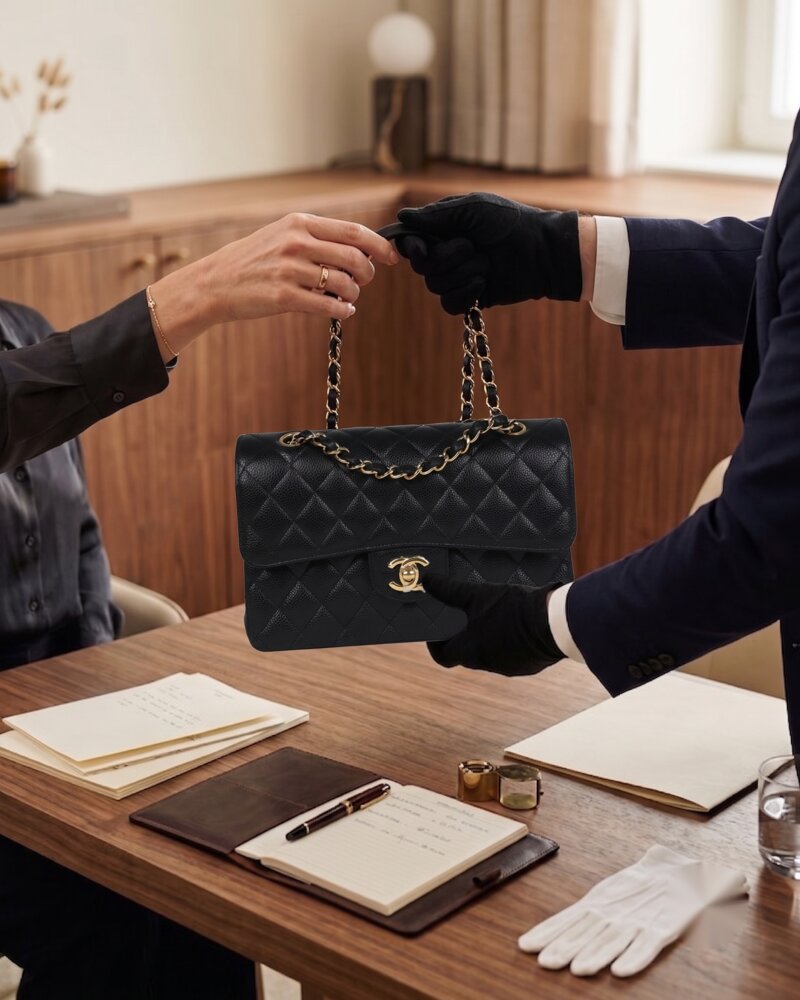 A specialist and client exchanging a quilted Chanel handbag across a desk