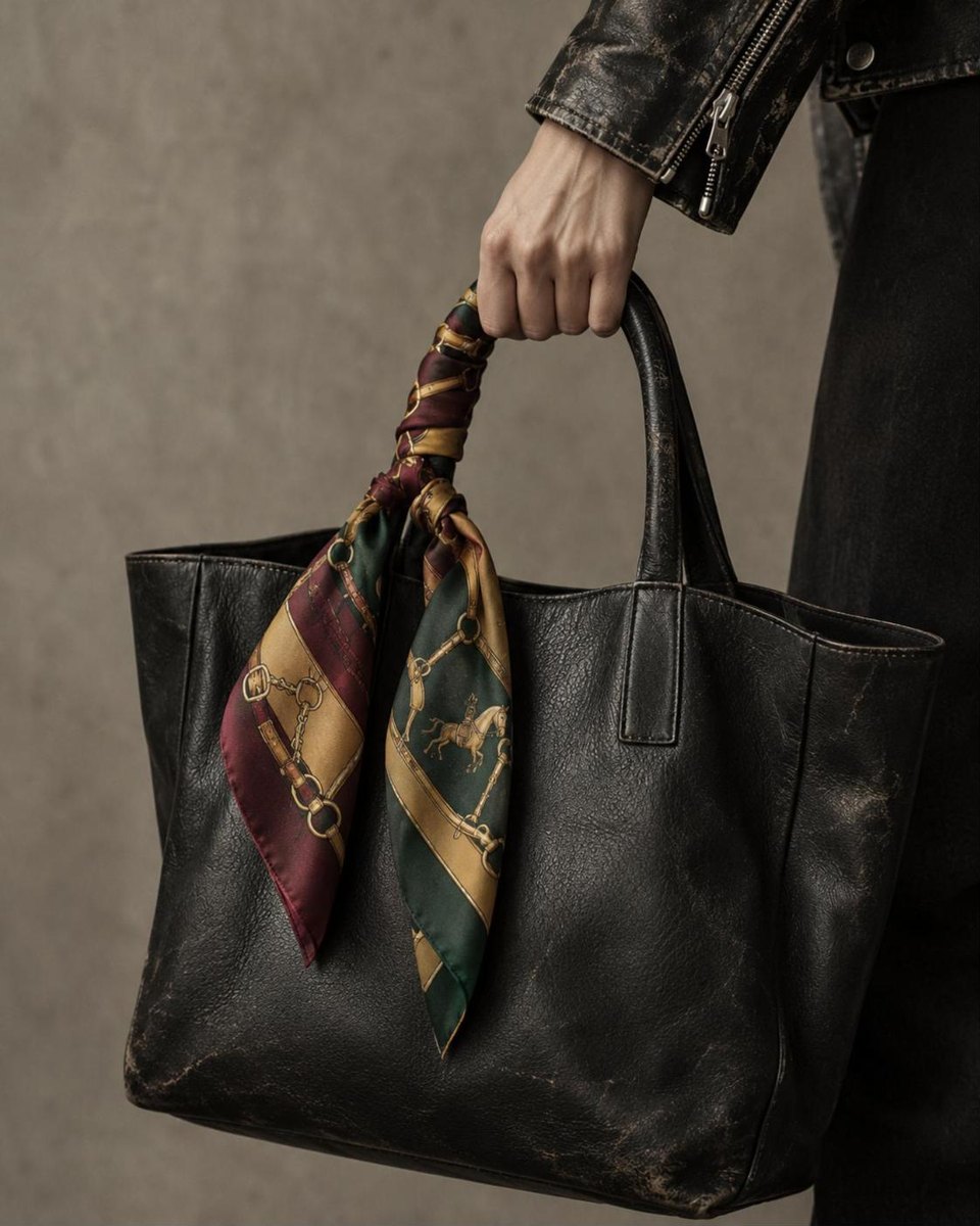 A silk scarf wrapped around the handle of a worn black leather tote