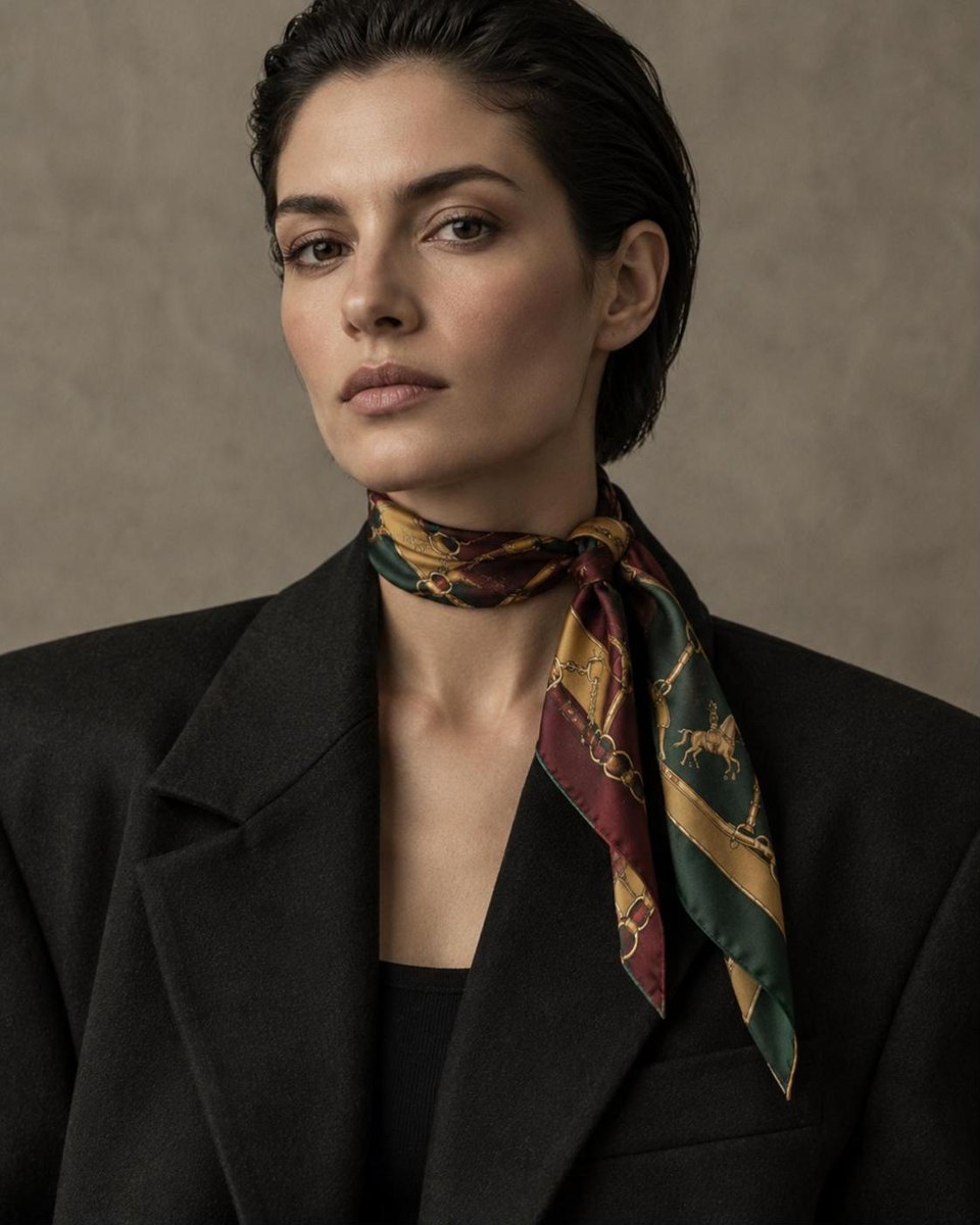 A silk scarf rolled and tied as a choker with a black blazer