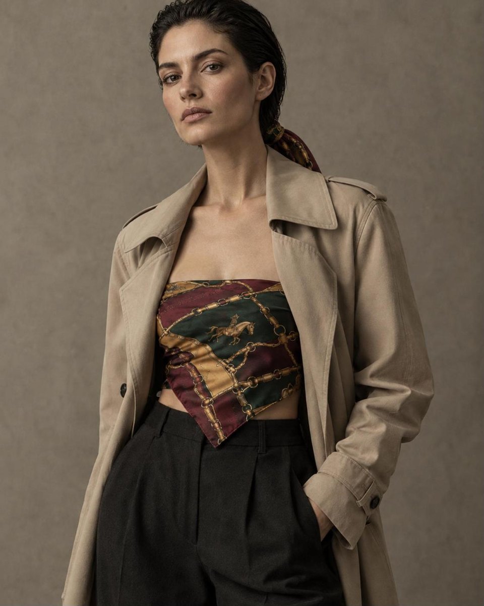 A silk scarf tied as a bandeau top under an open beige trench coat